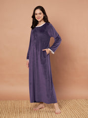 Purple Solid Velvet Winter Nighty