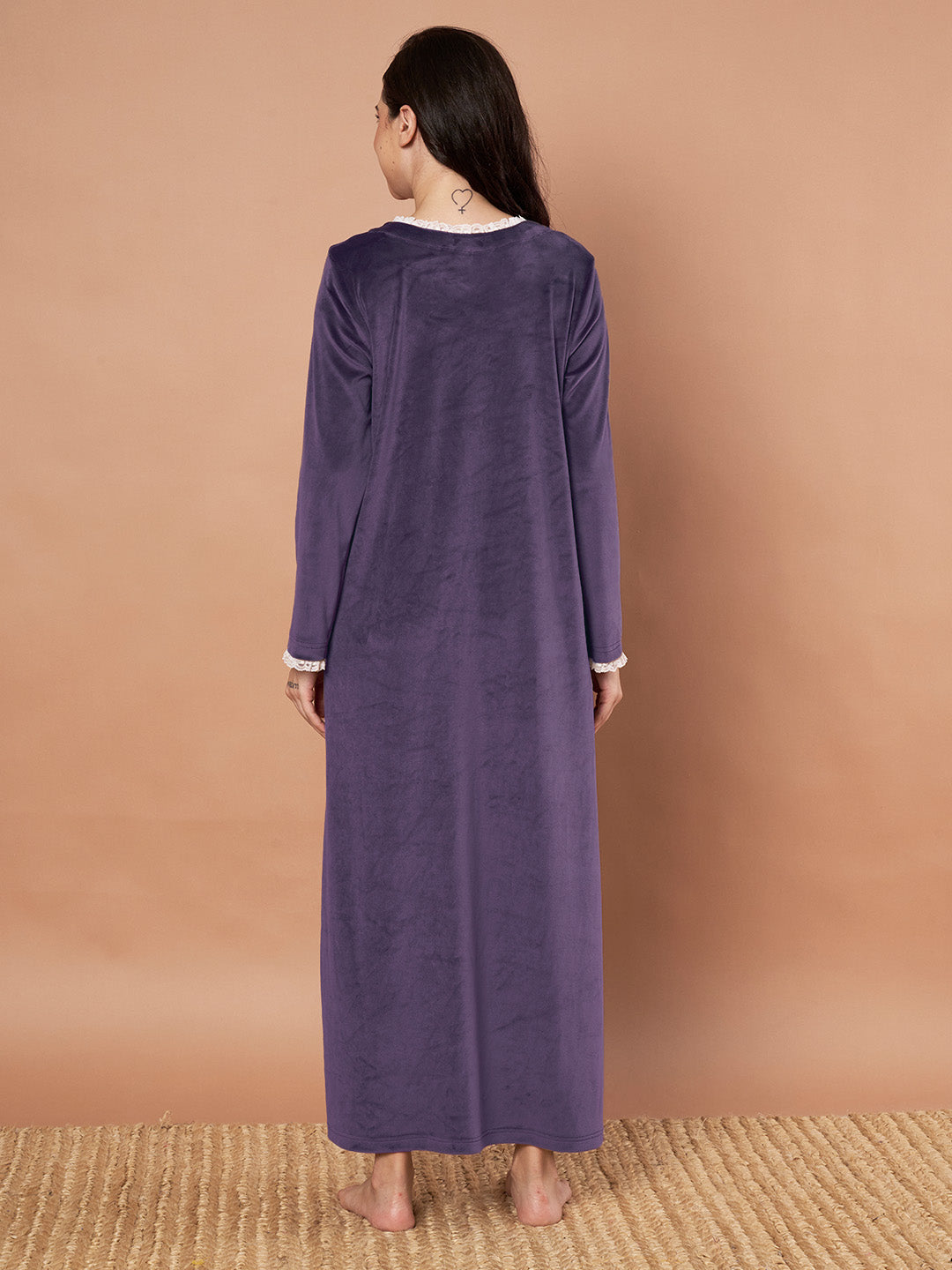 Purple Solid Velvet Winter Nighty