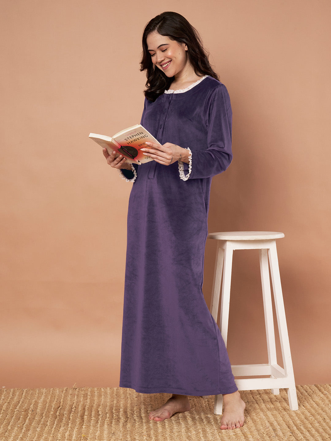 Purple Solid Velvet Winter Nighty