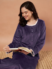 Purple Solid Velvet Winter Nighty