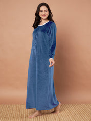 Teal Solid Velvet Winter Nighty