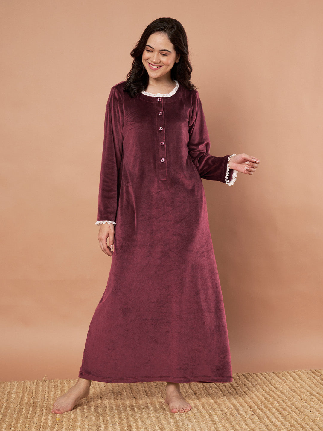 Burgundy Solid Velvet Winter Nighty