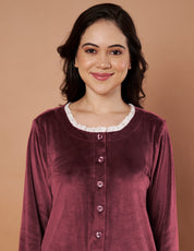 Burgundy Solid Velvet Winter Nighty
