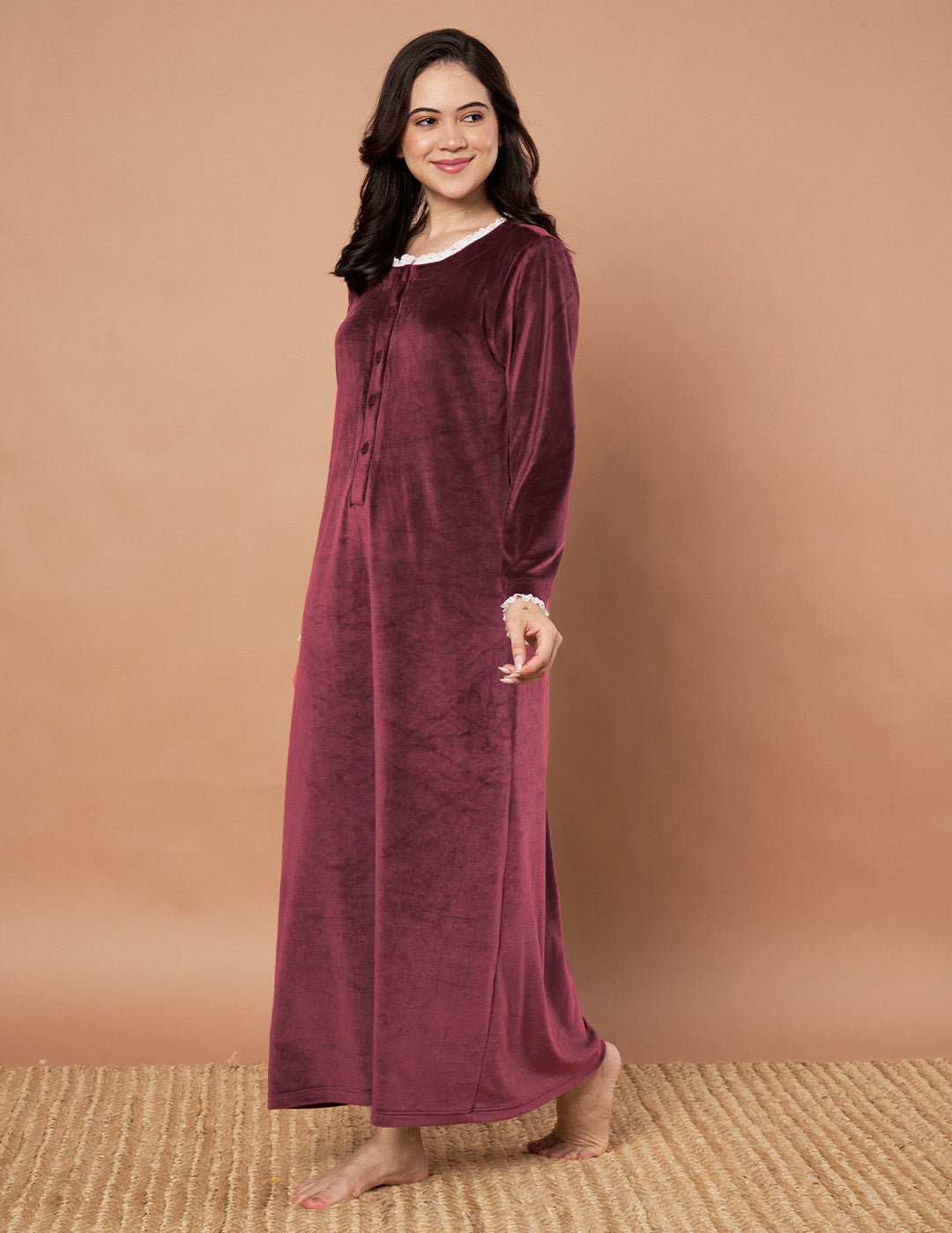 Burgundy Solid Velvet Winter Nighty