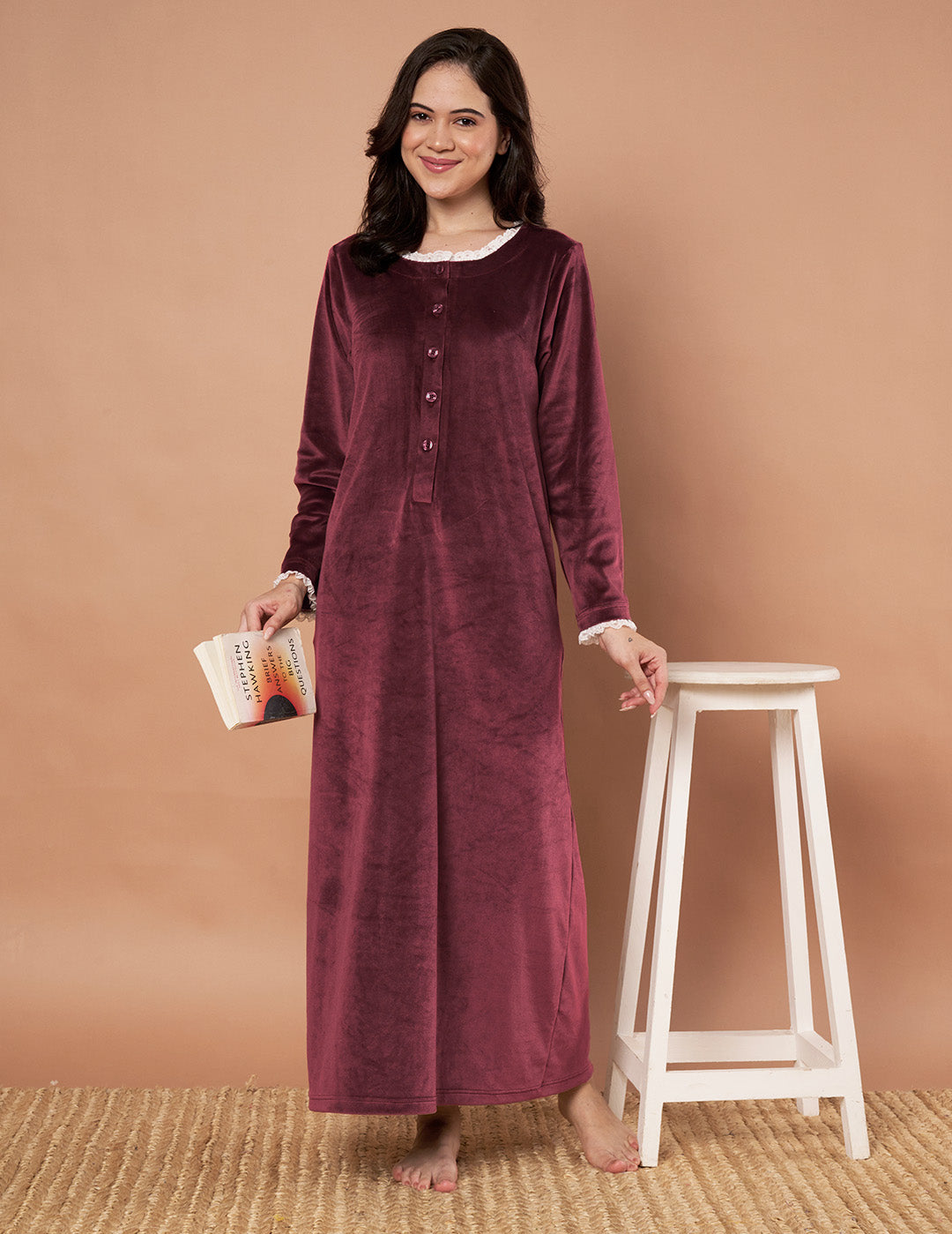 Burgundy Solid Velvet Winter Nighty