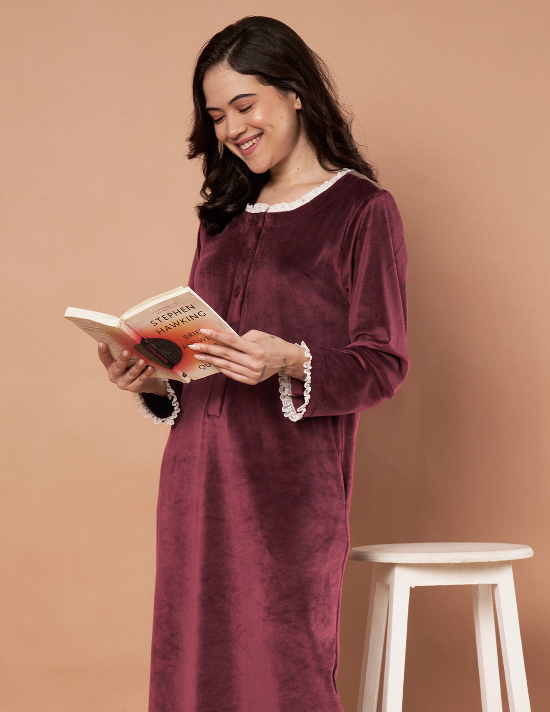 Burgundy Solid Velvet Winter Nighty
