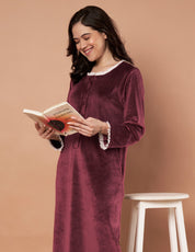 Burgundy Solid Velvet Winter Nighty