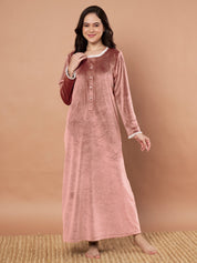 Pink Solid Velvet Winter Nighty