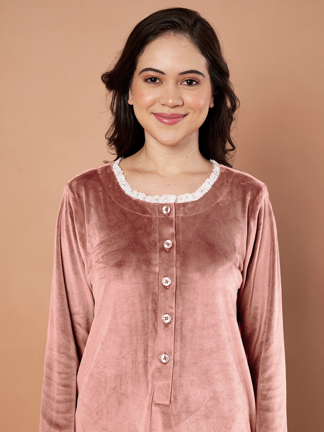 Pink Solid Velvet Winter Nighty