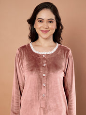 Pink Solid Velvet Winter Nighty