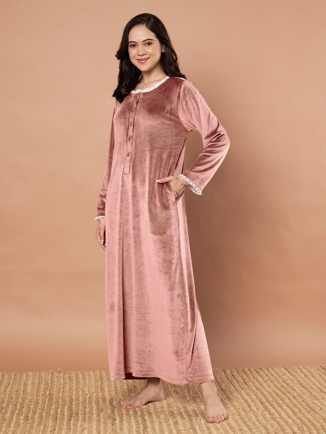 Pink Solid Velvet Winter Nighty