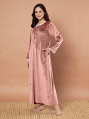 Pink Solid Velvet Winter Nighty