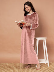 Pink Solid Velvet Winter Nighty
