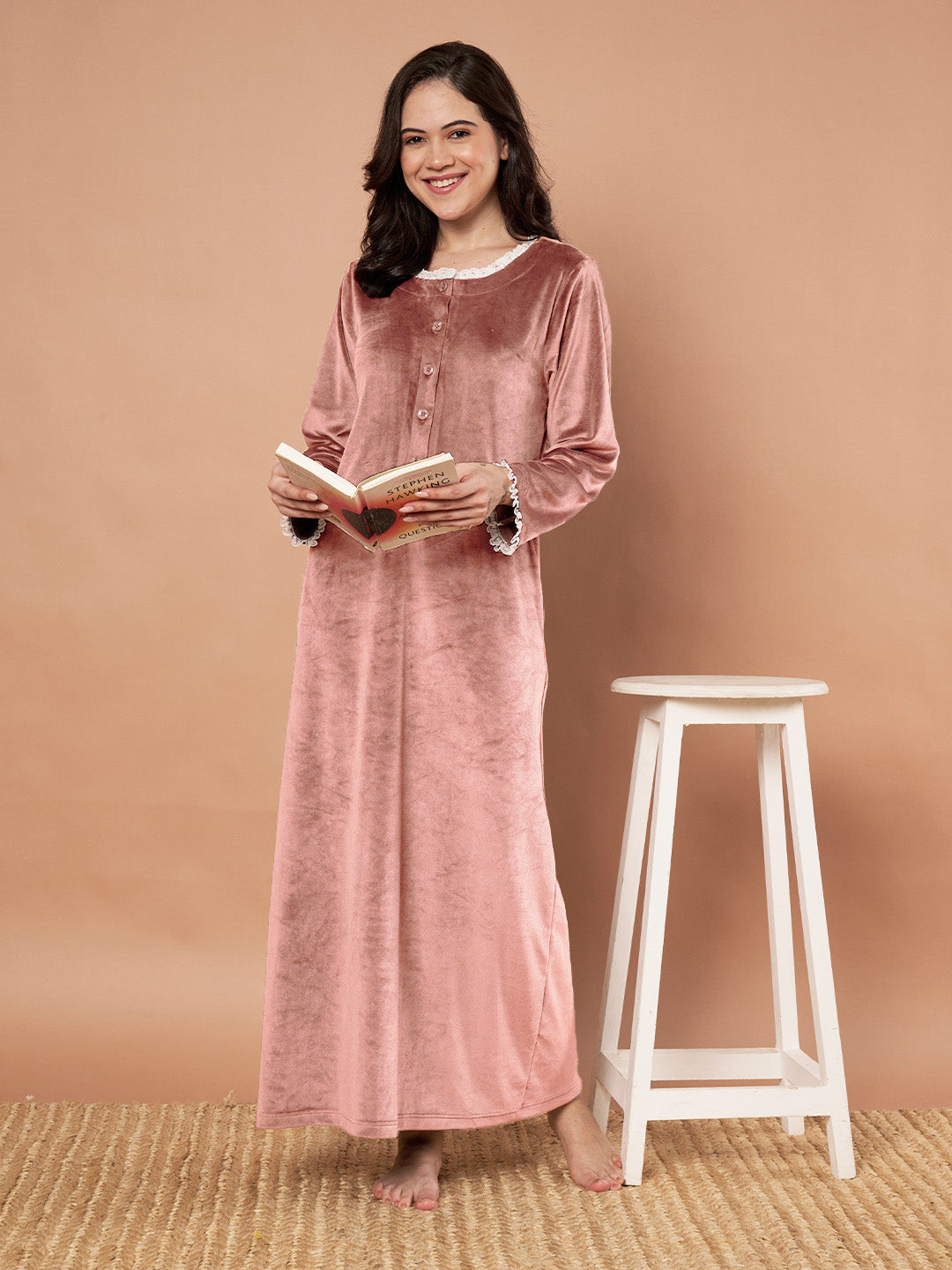 Pink Solid Velvet Winter Nighty