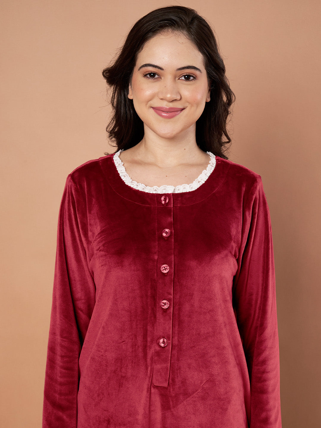 Maroon Solid Velvet Winter Nighty