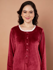 Maroon Solid Velvet Winter Nighty