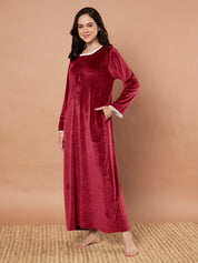 Maroon Solid Velvet Winter Nighty
