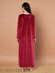 Maroon Solid Velvet Winter Nighty