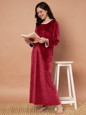 Maroon Solid Velvet Winter Nighty