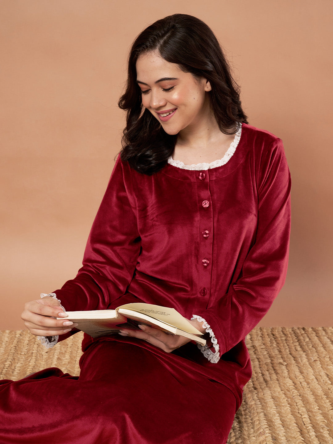 Maroon Solid Velvet Winter Nighty