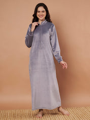 Grey Solid Velvet Winter Nighty