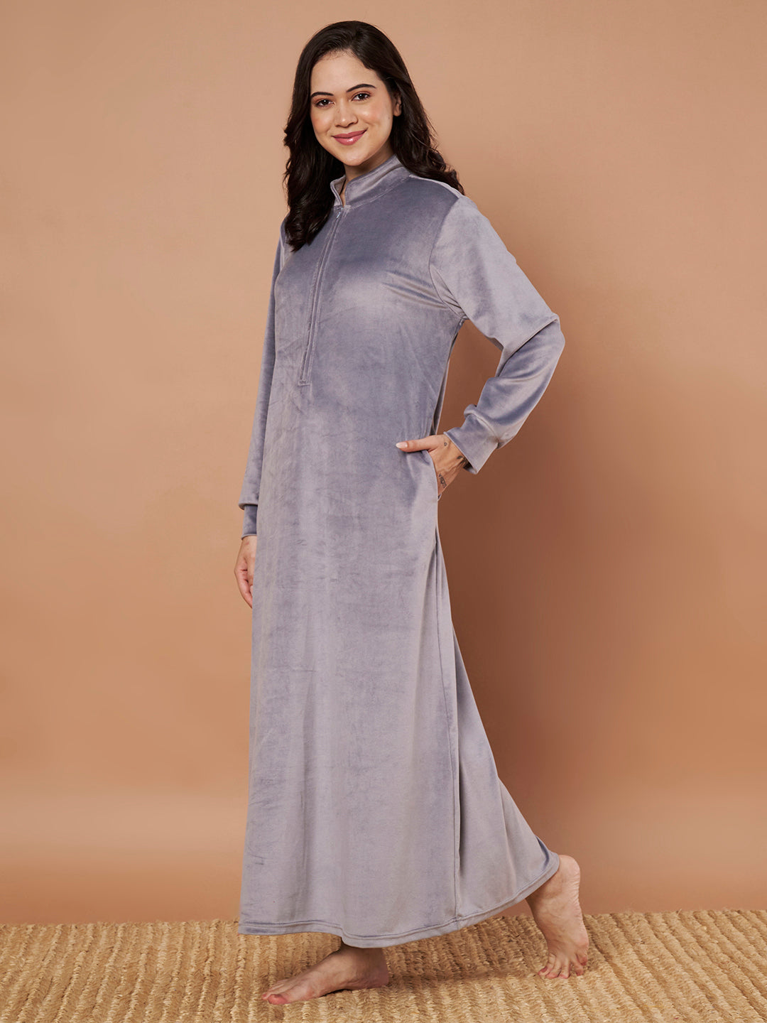 Grey Solid Velvet Winter Nighty