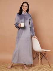 Grey Solid Velvet Winter Nighty