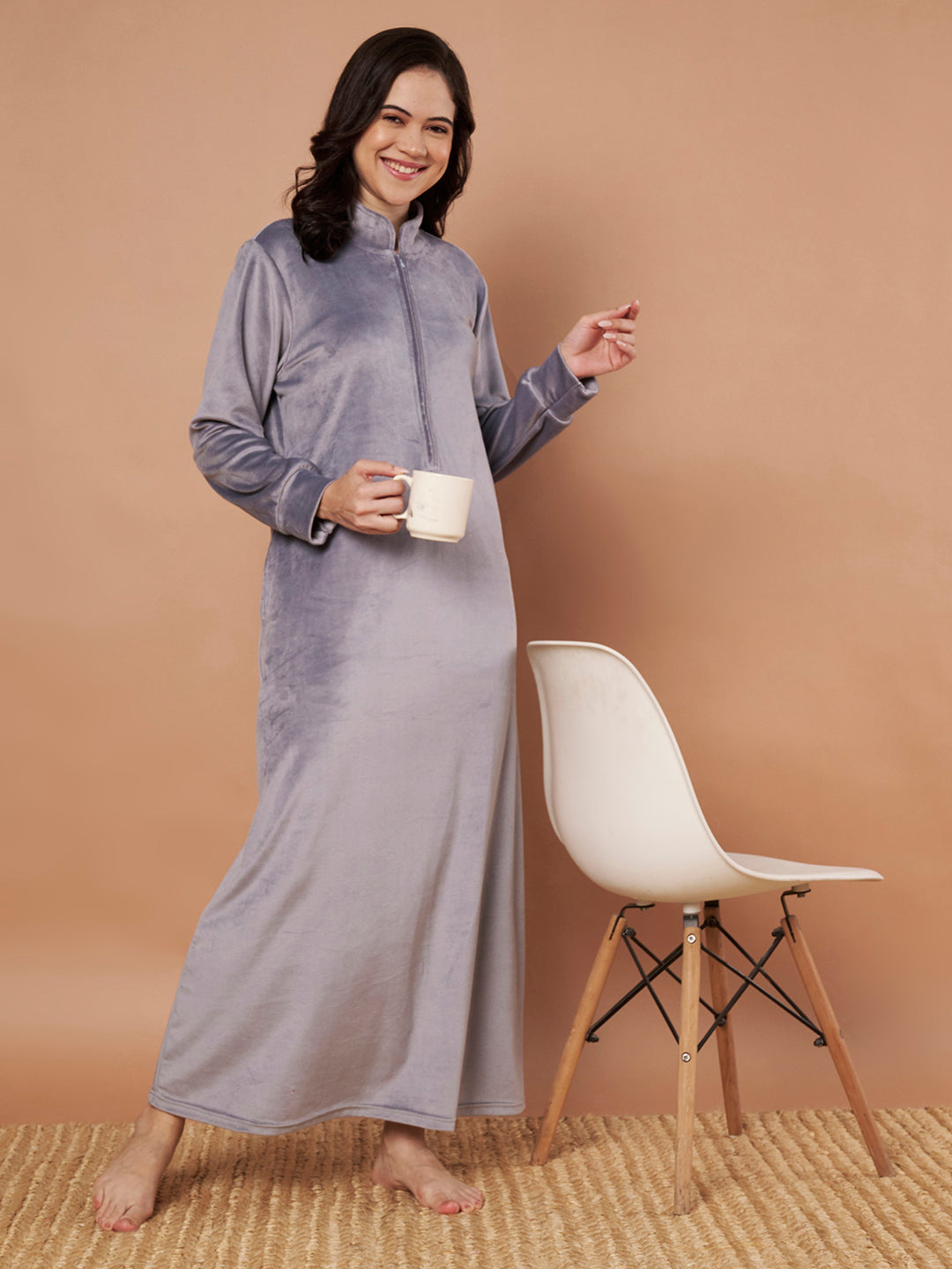 Grey Solid Velvet Winter Nighty