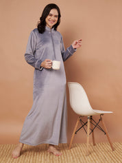 Grey Solid Velvet Winter Nighty