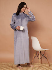 Grey Solid Velvet Winter Nighty