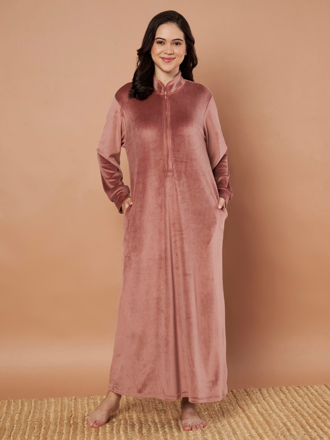 Pink Solid Velvet Winter Nighty