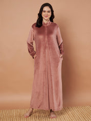 Pink Solid Velvet Winter Nighty
