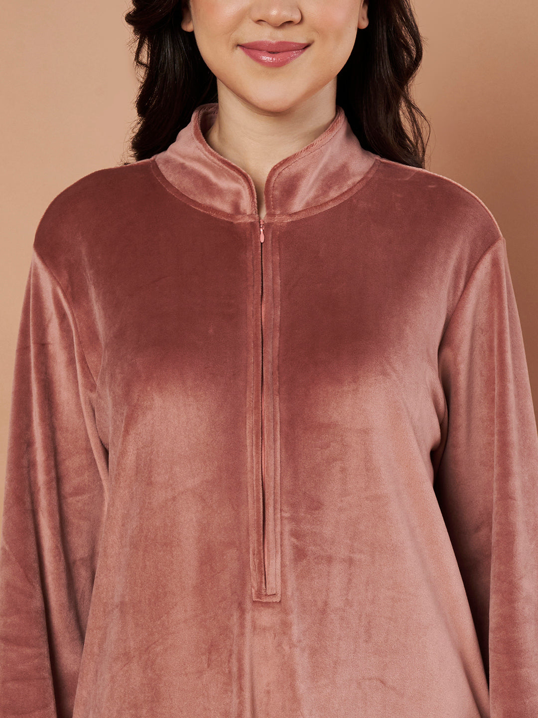 Pink Solid Velvet Winter Nighty