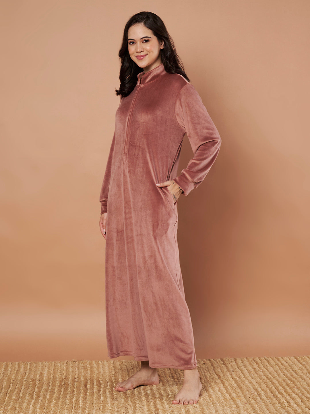 Pink Solid Velvet Winter Nighty