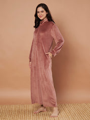 Pink Solid Velvet Winter Nighty