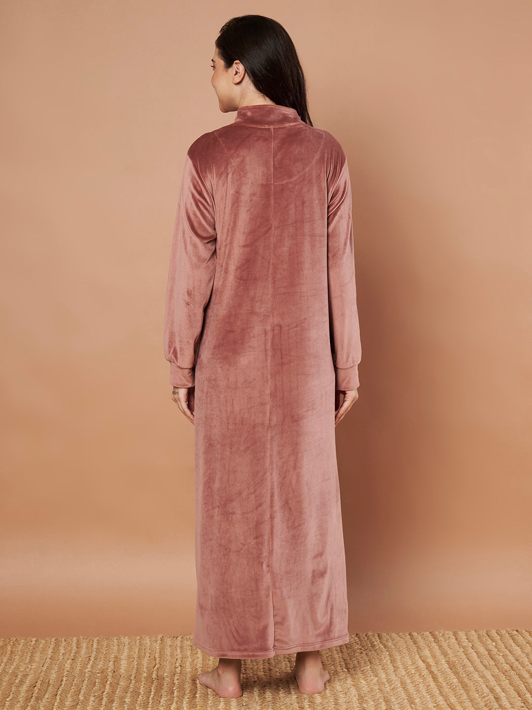 Pink Solid Velvet Winter Nighty