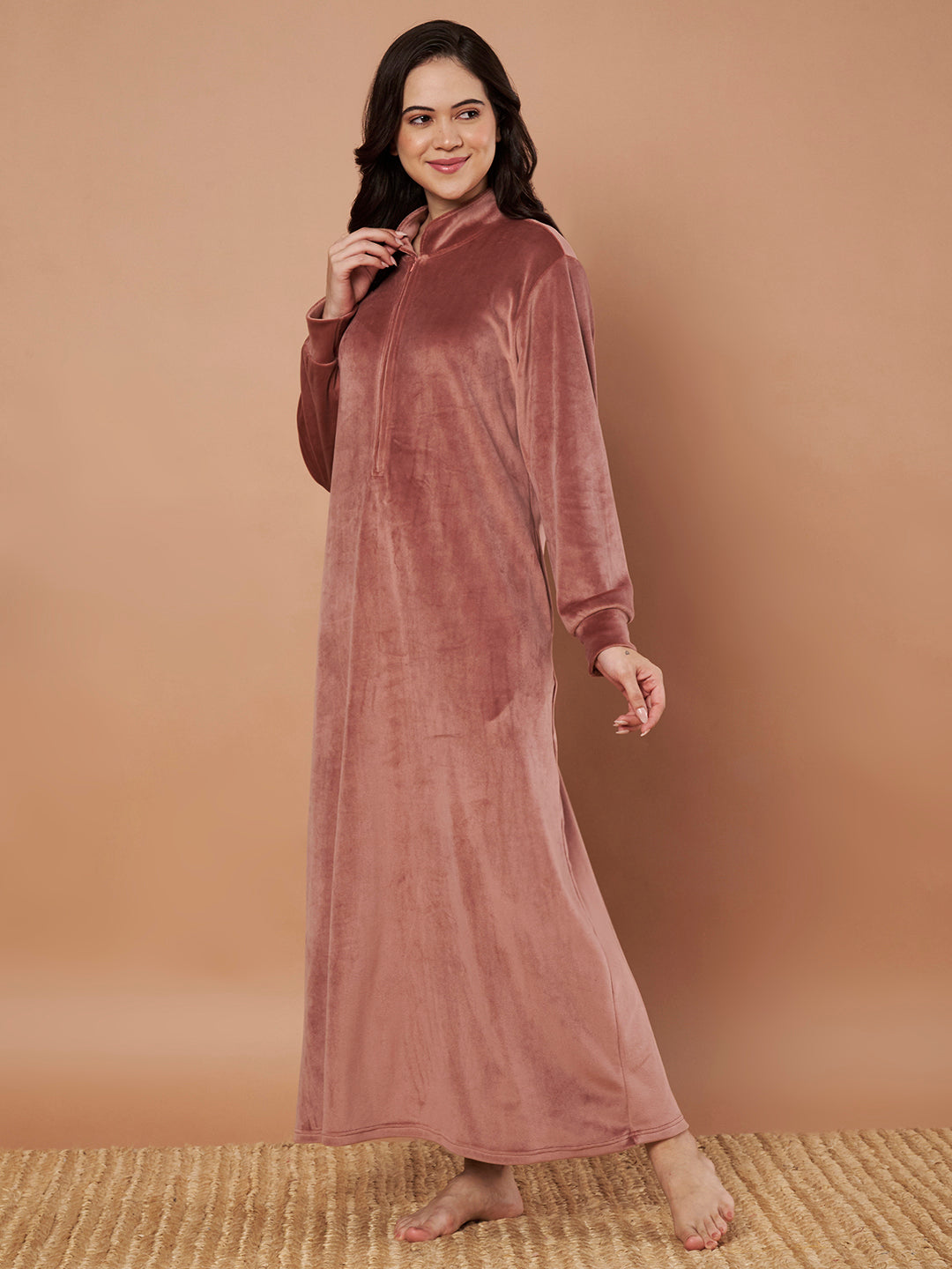 Pink Solid Velvet Winter Nighty