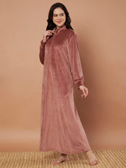 Pink Solid Velvet Winter Nighty