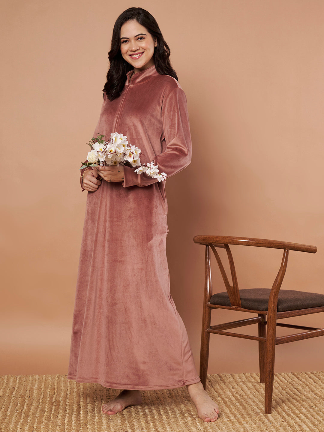 Pink Solid Velvet Winter Nighty