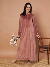 Pink Solid Velvet Winter Nighty