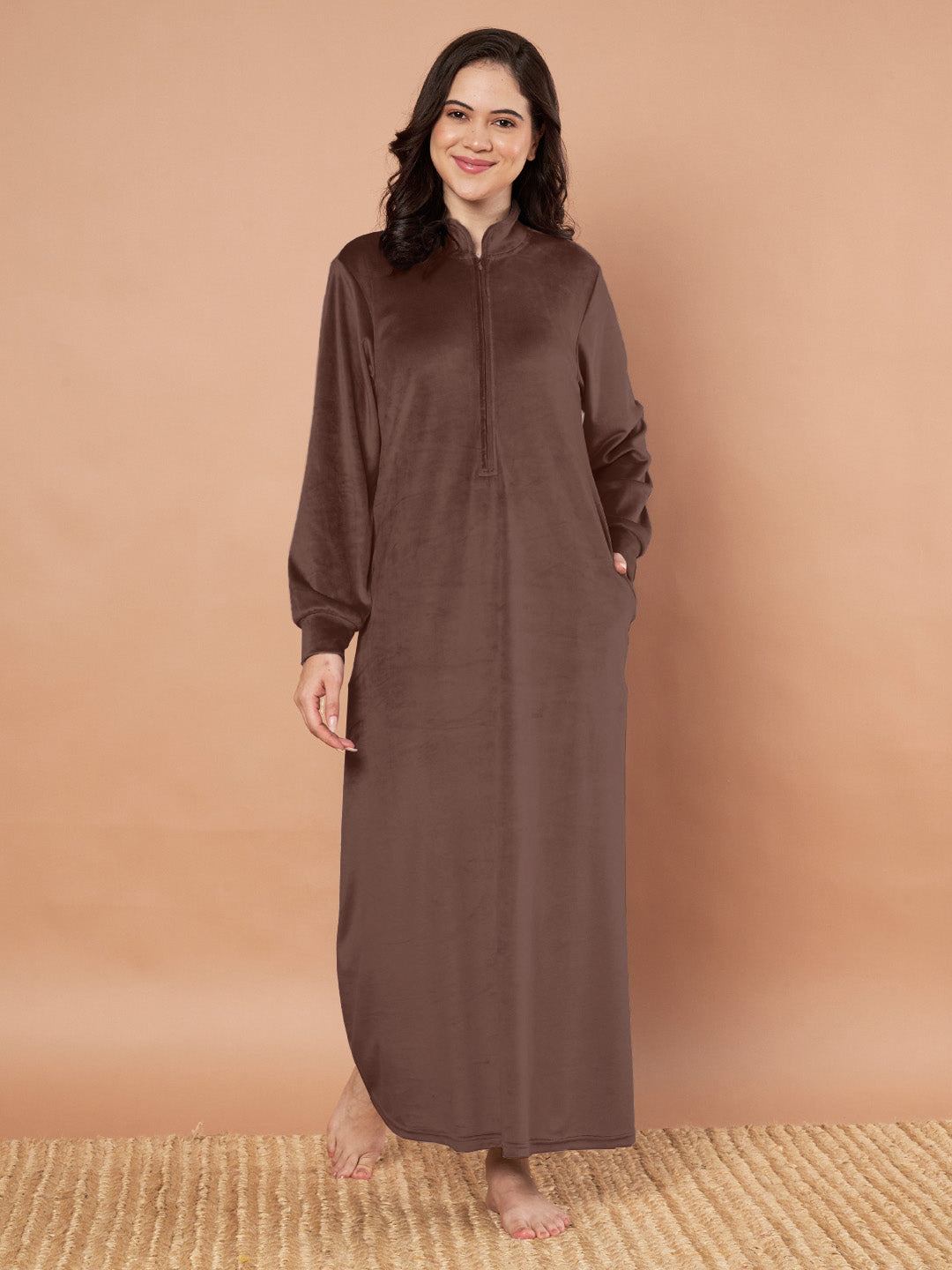 Brown Solid Velvet Winter Nighty