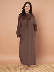 Brown Solid Velvet Winter Nighty
