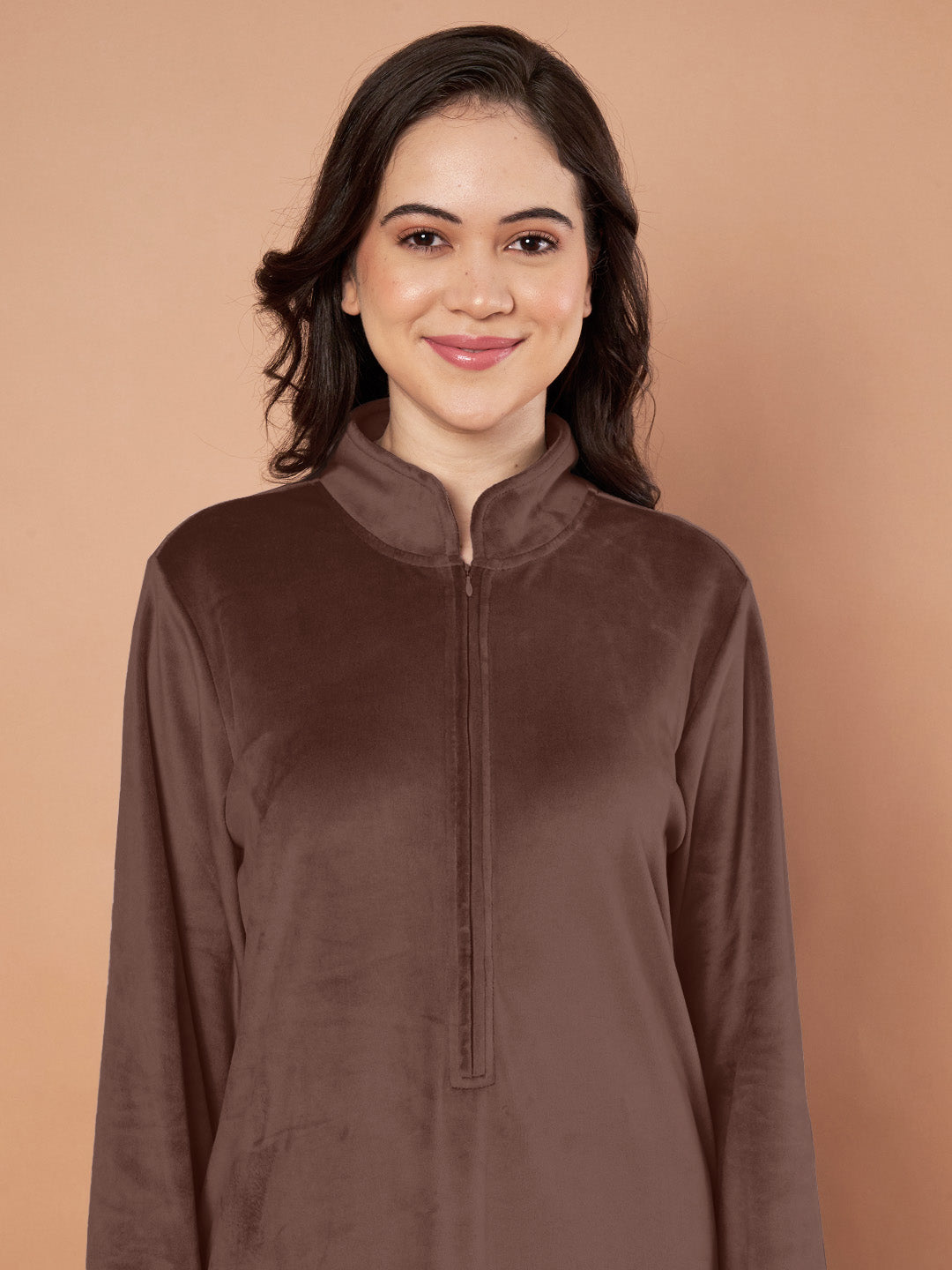 Brown Solid Velvet Winter Nighty