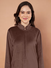 Brown Solid Velvet Winter Nighty