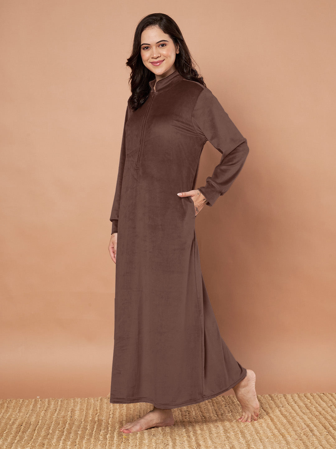 Brown Solid Velvet Winter Nighty