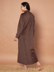 Brown Solid Velvet Winter Nighty