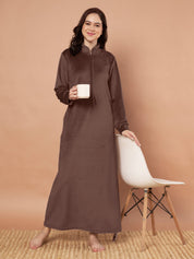 Brown Solid Velvet Winter Nighty