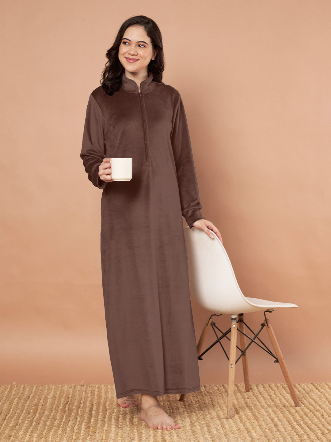 Brown Solid Velvet Winter Nighty