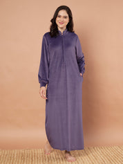 Purple Solid Velvet Winter Nighty