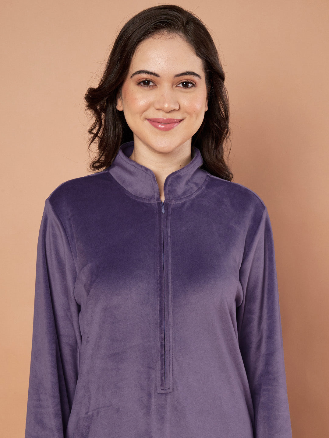 Purple Solid Velvet Winter Nighty